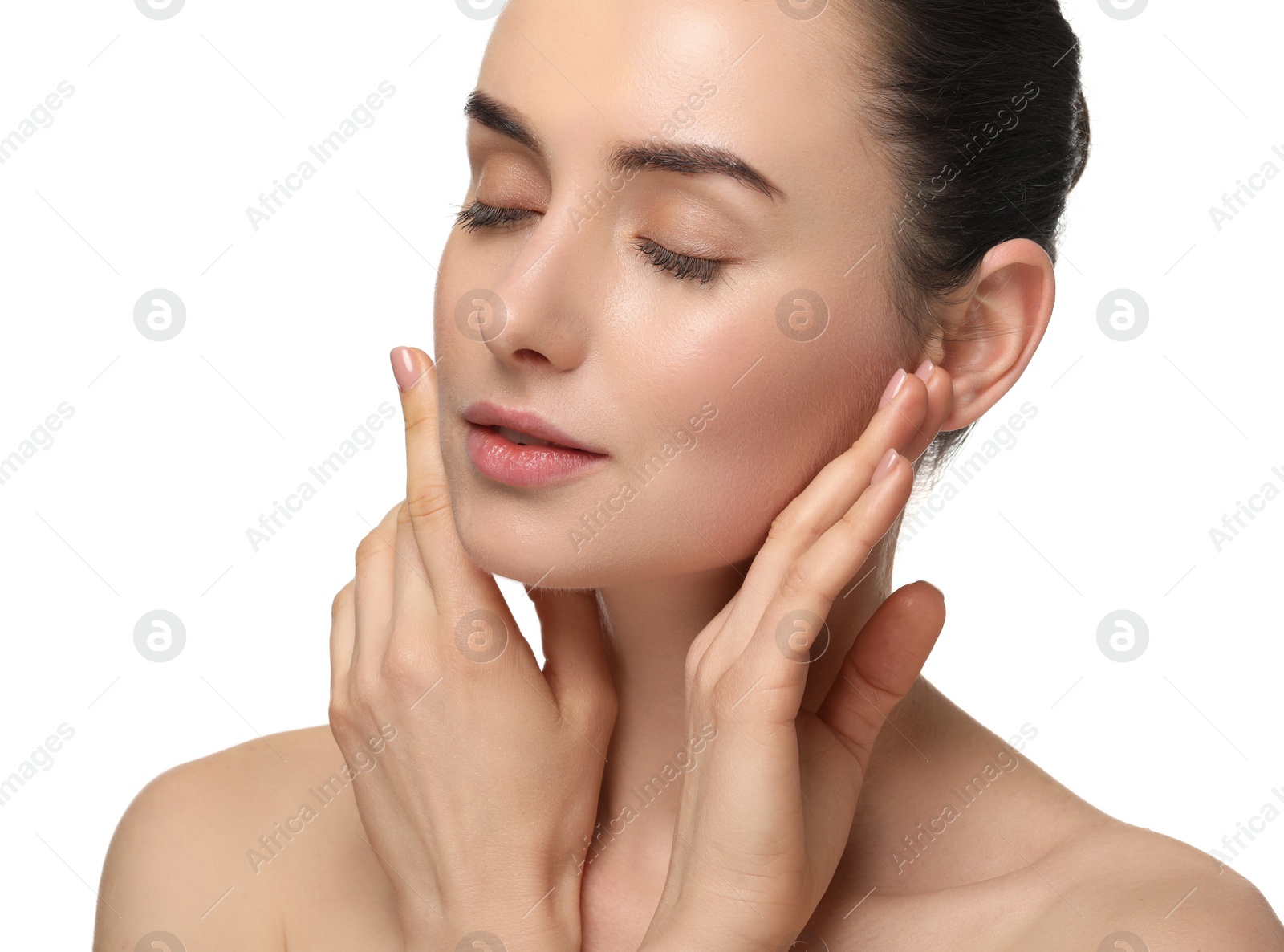 Photo of Portrait of beautiful young woman on white background