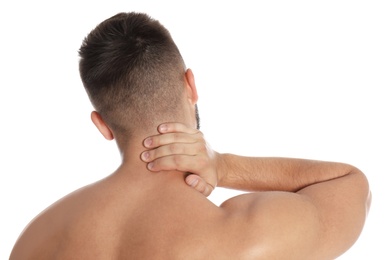 Photo of Man suffering from neck pain on white background