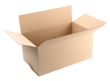 Photo of One open cardboard box on white background