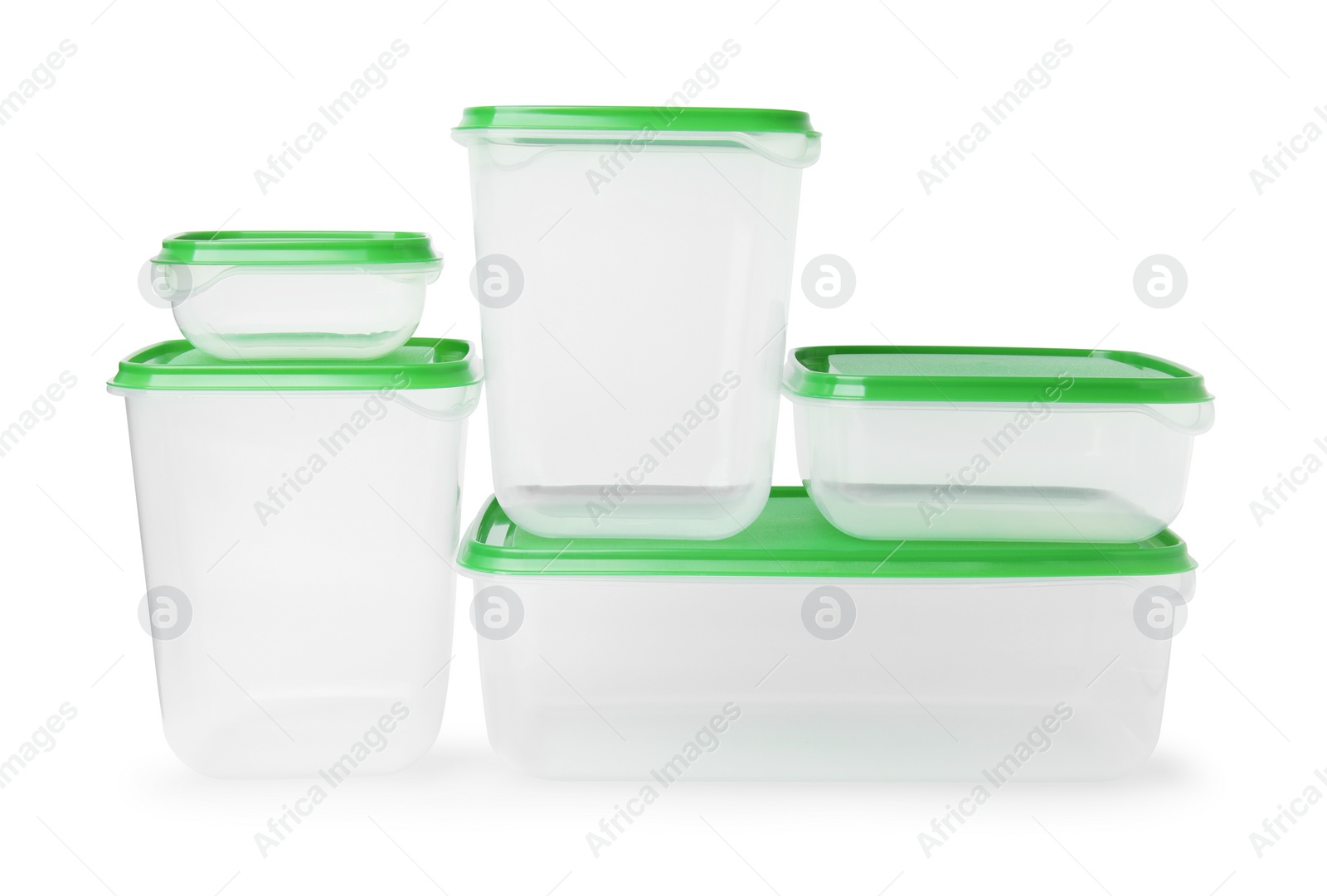 Photo of Empty plastic containers on white background. Food storage