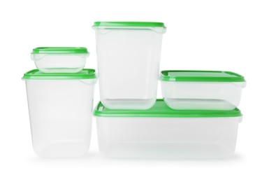 Photo of Empty plastic containers on white background. Food storage