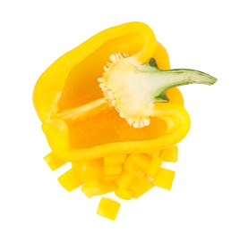 Photo of Cut yellow bell pepper isolated on white, top view