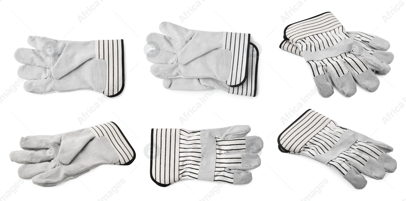 Image of Clean gardening gloves isolated on white, set