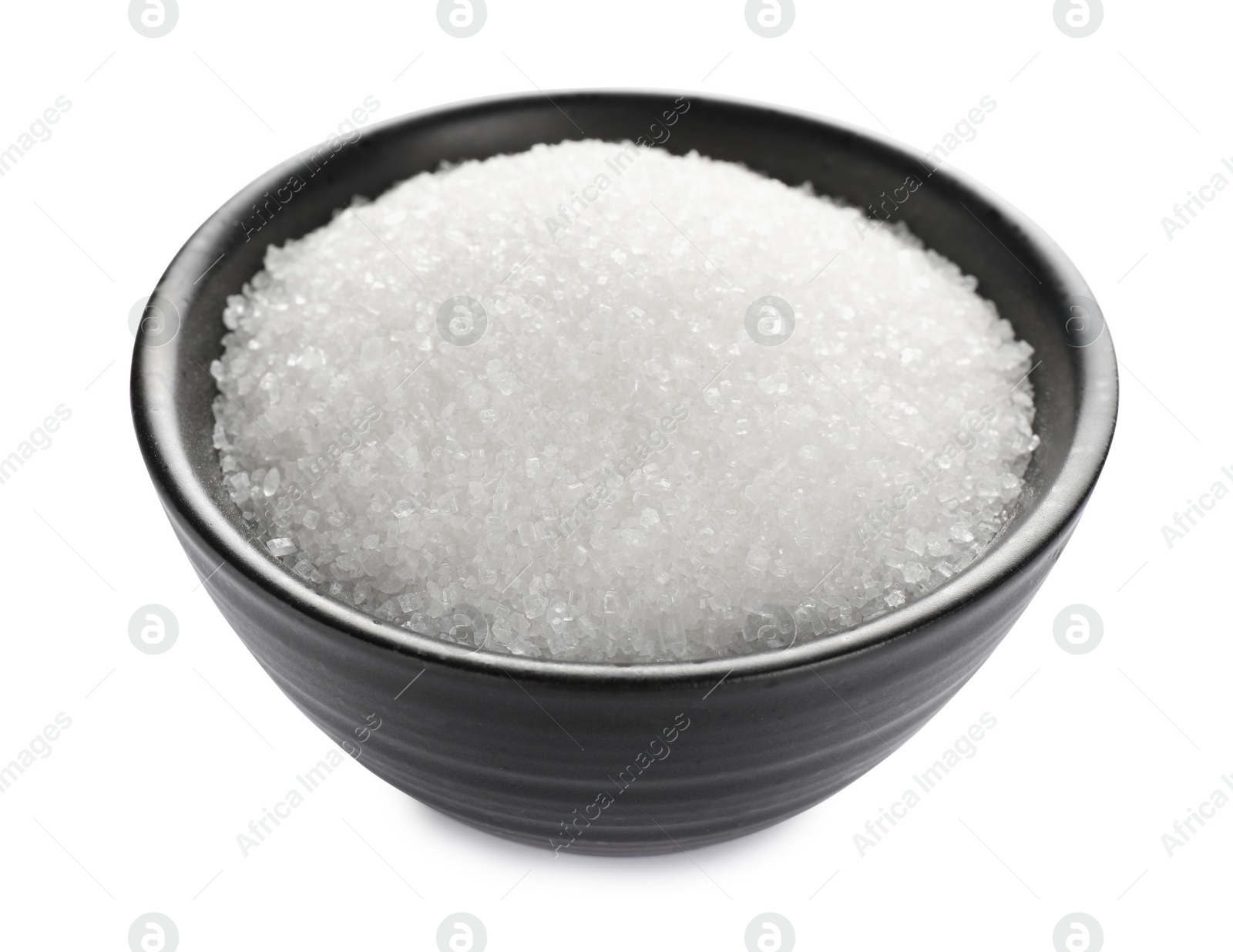 Photo of Granulated sugar in bowl isolated on white