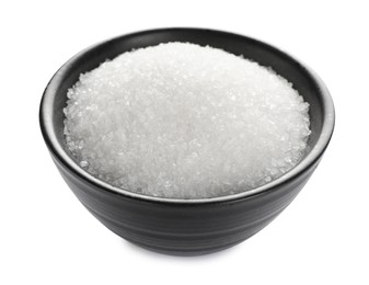 Photo of Granulated sugar in bowl isolated on white