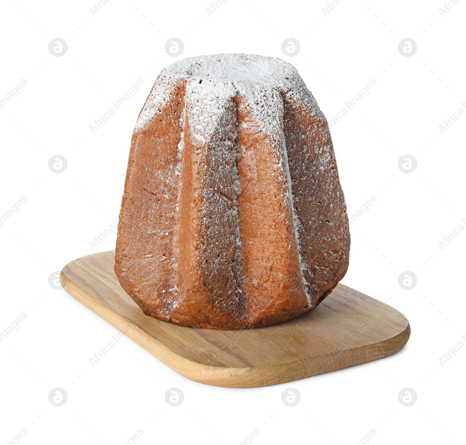 Photo of Delicious Pandoro cake decorated with powdered sugar isolated on white. Traditional Italian pastry