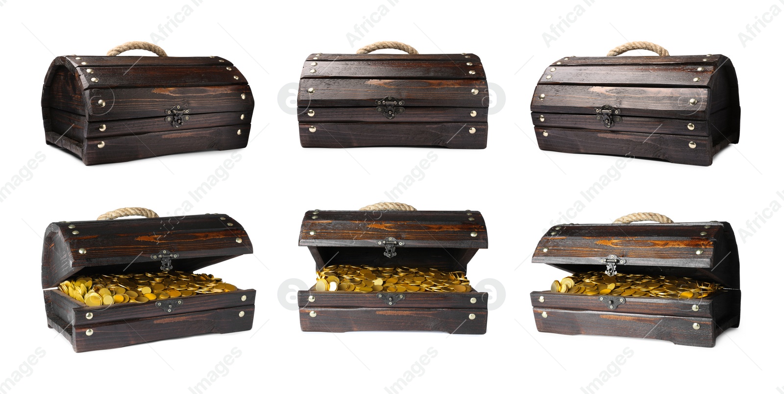 Image of Set with treasure chests full of gold coins on white background. Banner design