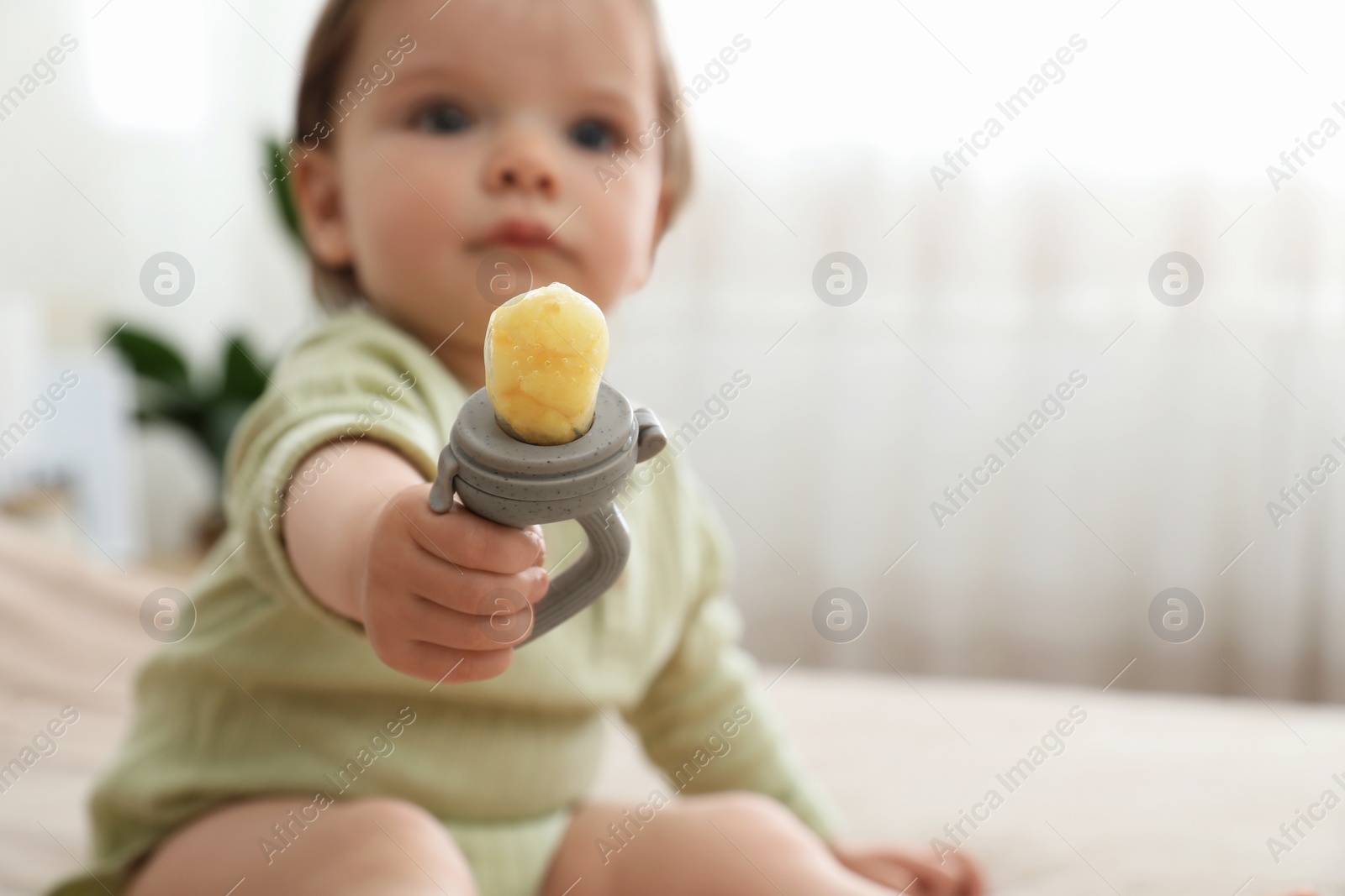 Photo of Cute baby girl with nibbler at home, selective focus. Space for text