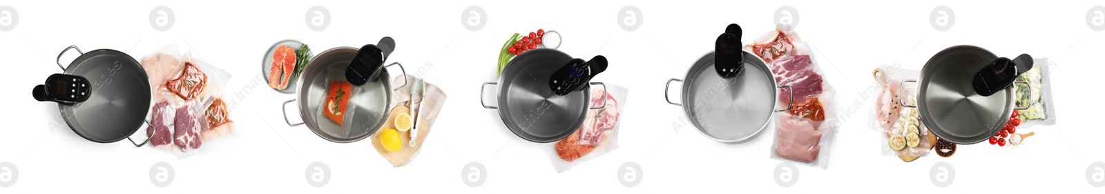 Image of Collage with sous vide cookers in pots and vacuum packed products isolated on white, top view. Thermal immersion circulator