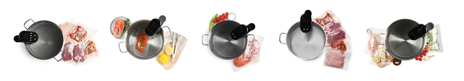 Image of Collage with sous vide cookers in pots and vacuum packed products isolated on white, top view. Thermal immersion circulator