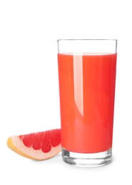 Photo of Tasty grapefruit juice in glass and fresh fruit isolated on white