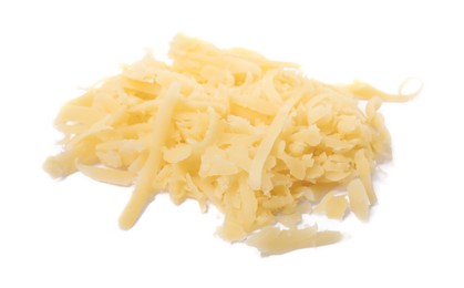 Photo of Pile of tasty grated cheese isolated on white