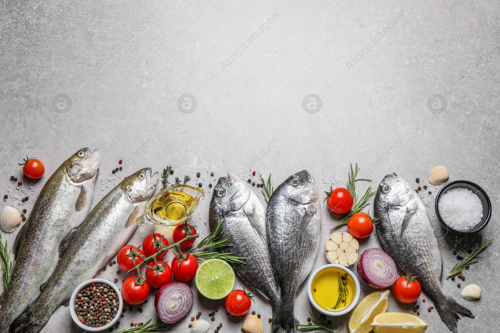 Photo of Flat lay composition with dorada and cutthroat fish on light grey table, space for text