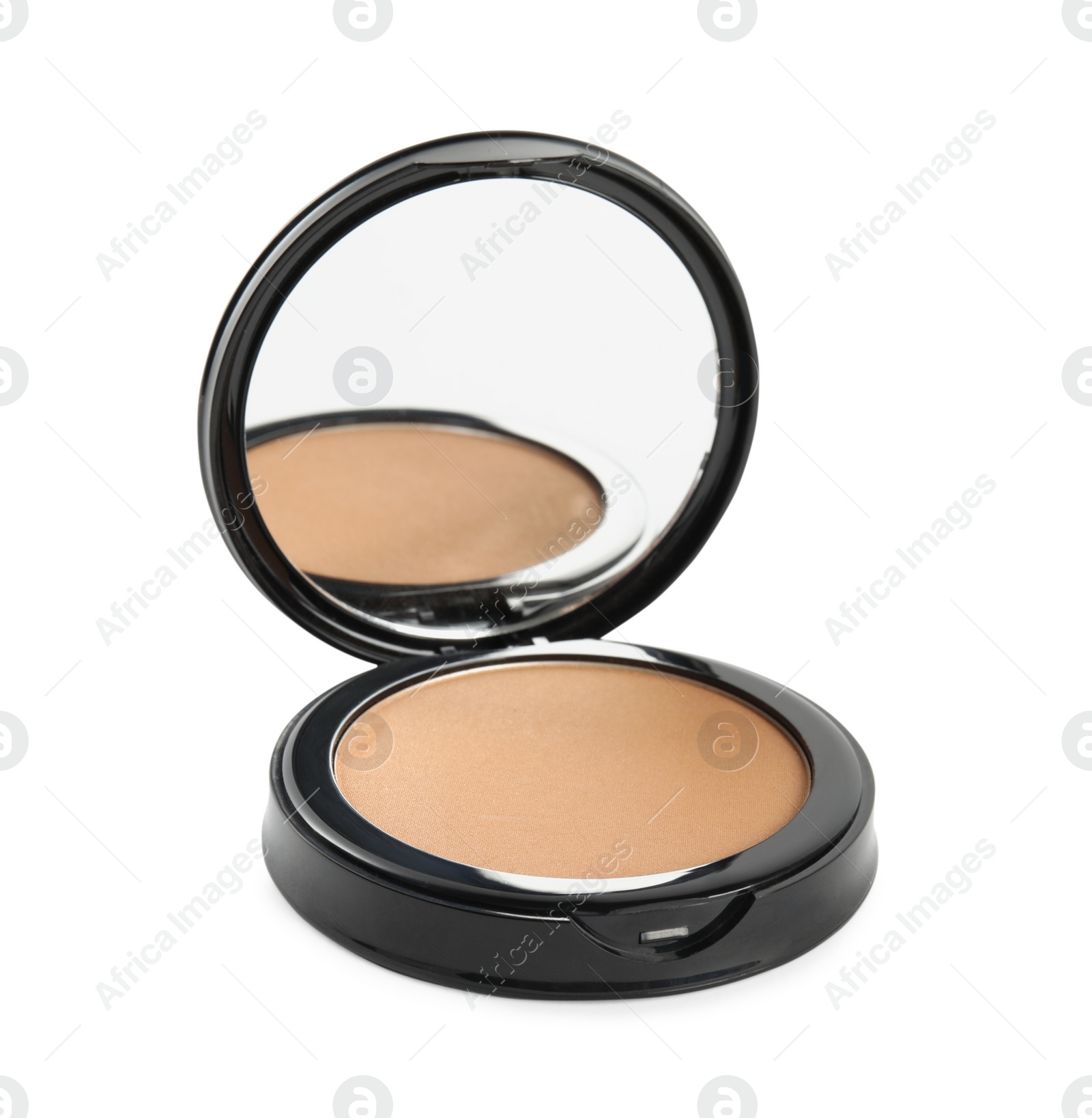 Photo of Black pocket powder with mirror isolated on white. Cosmetic product
