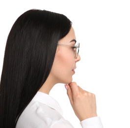 Portrait of young businesswoman on white background