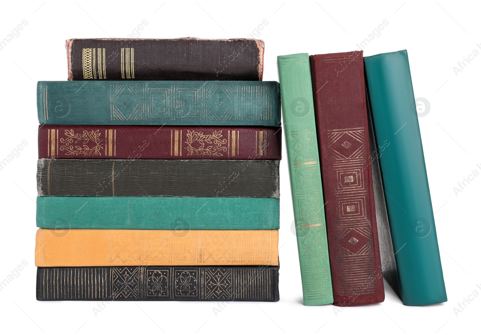 Photo of Many old hardcover books isolated on white