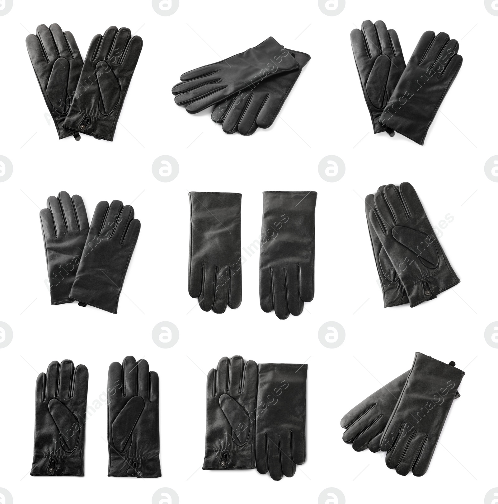 Image of Set of black leather gloves on white background 