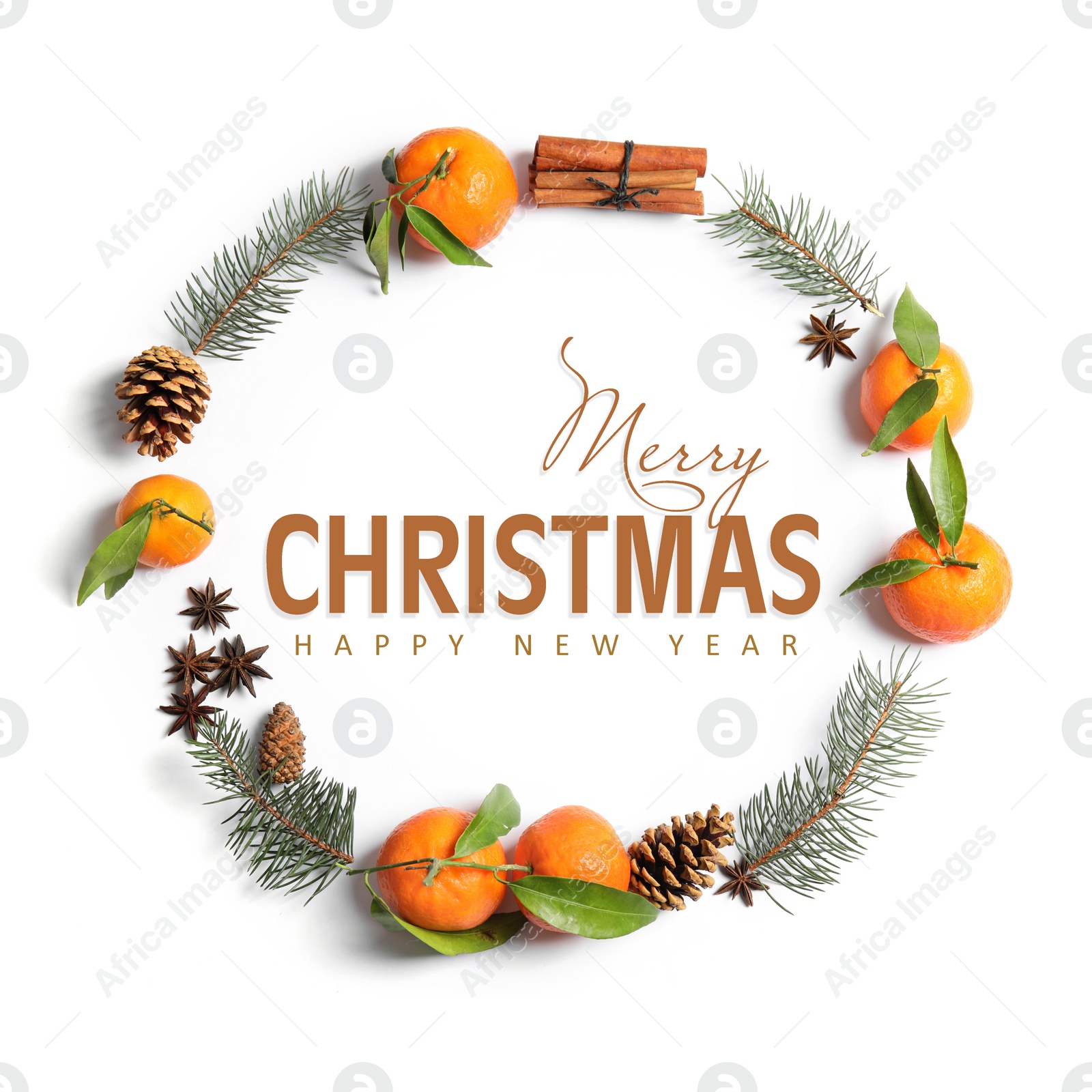 Image of Flat lay composition with Christmas wish and festive decor on white background