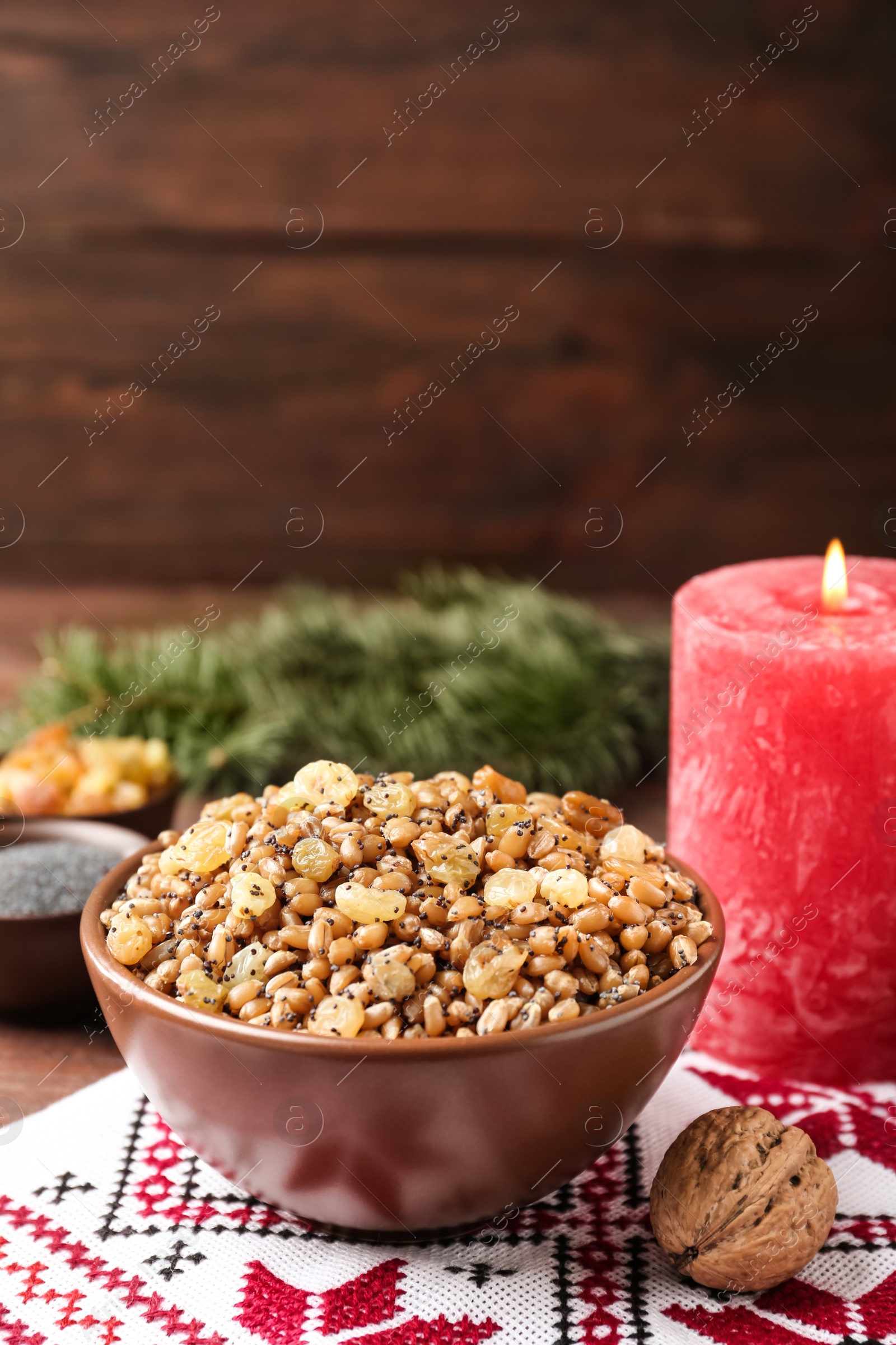 Photo of Traditional Christmas slavic dish kutia served on table. Space for text