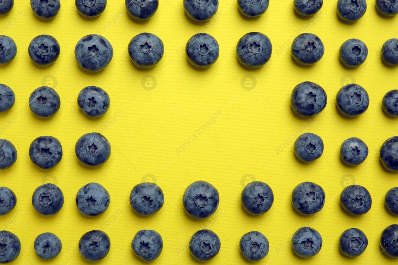 Photo of Flat lay composition with tasty blueberry and space for text on color background