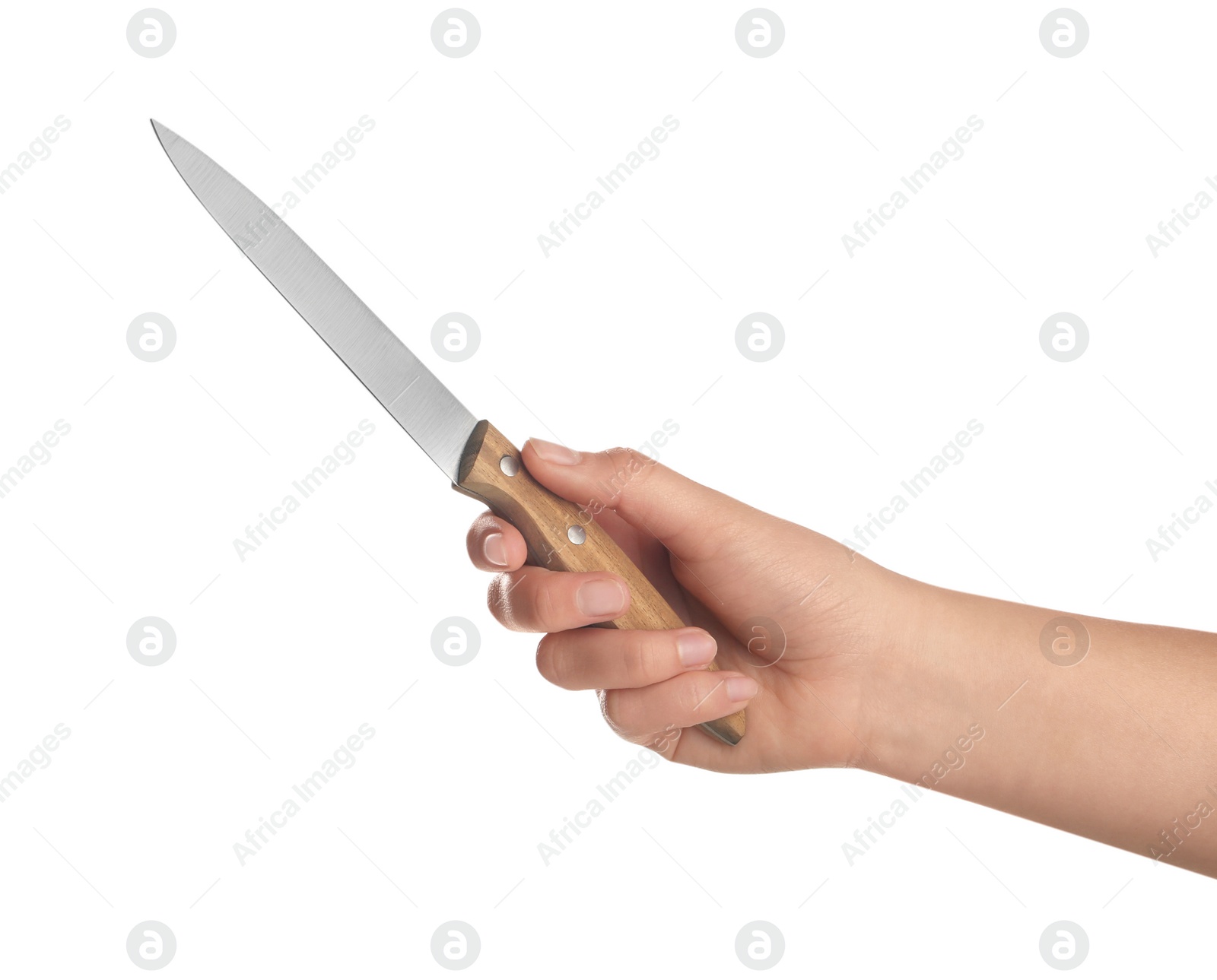 Photo of Woman holding carving knife on white background, closeup