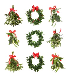 Set with mistletoe bunches and wreaths on white background. Traditional Christmas decor