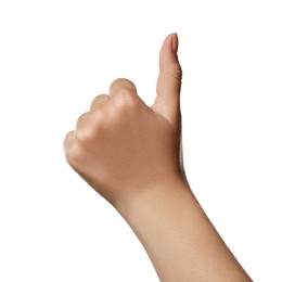 Photo of Woman showing hitchhiking gesture on white background, closeup