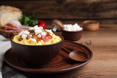 Photo of Delicious traditional banosh served on wooden table