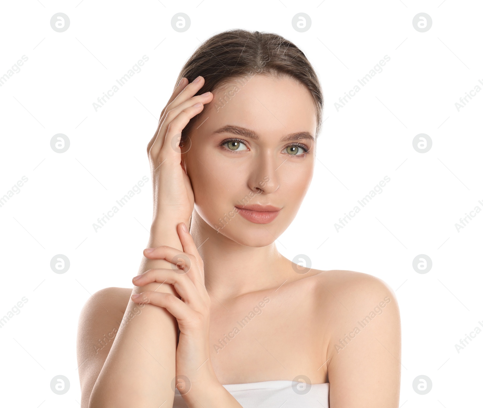 Photo of Portrait of young woman with beautiful face on white background