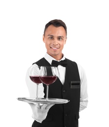 Photo of Waiter holding metal tray with glasses of wine on white background