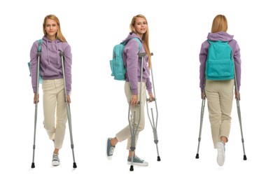 Young woman with axillary crutches on white background, collage 