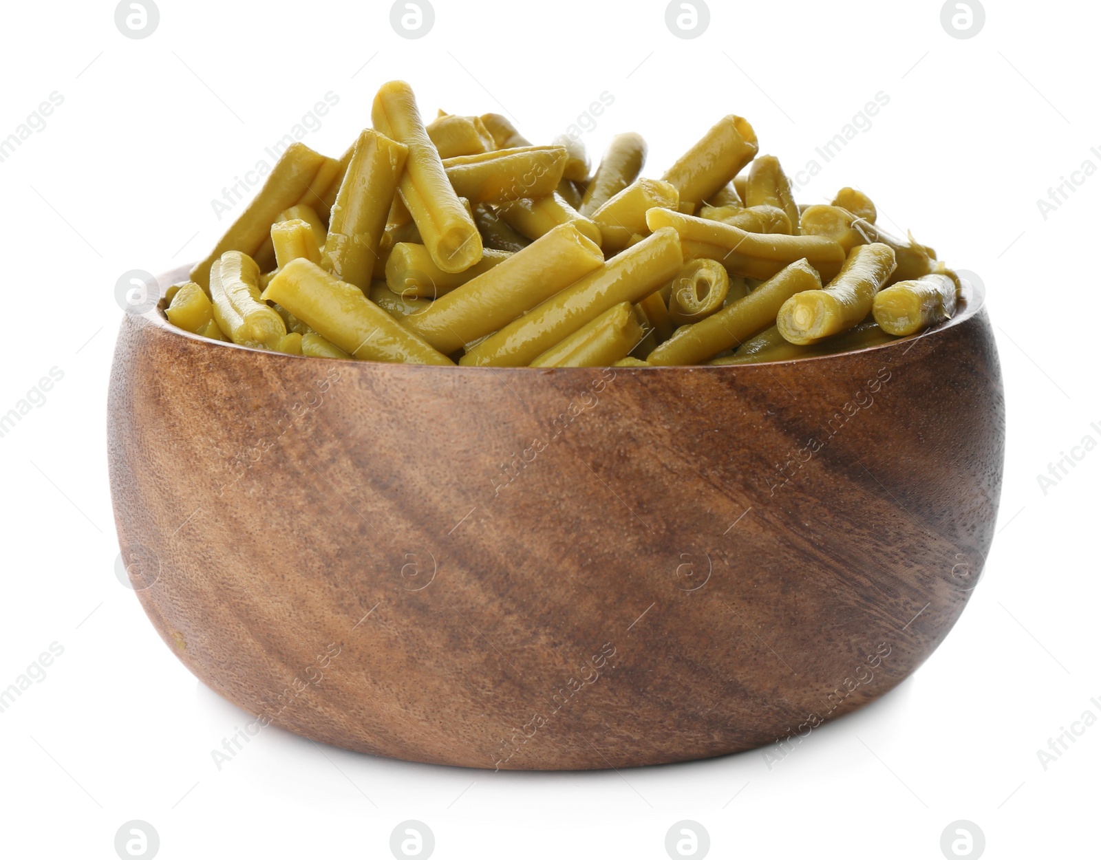 Photo of Canned green beans in bowl isolated on white