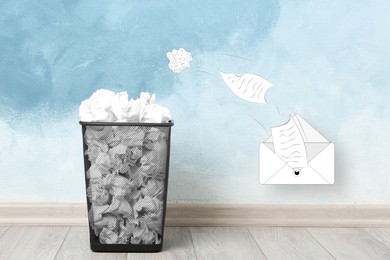 Image of Illustration of spam removing. Drawn sheets flying from envelope into bin