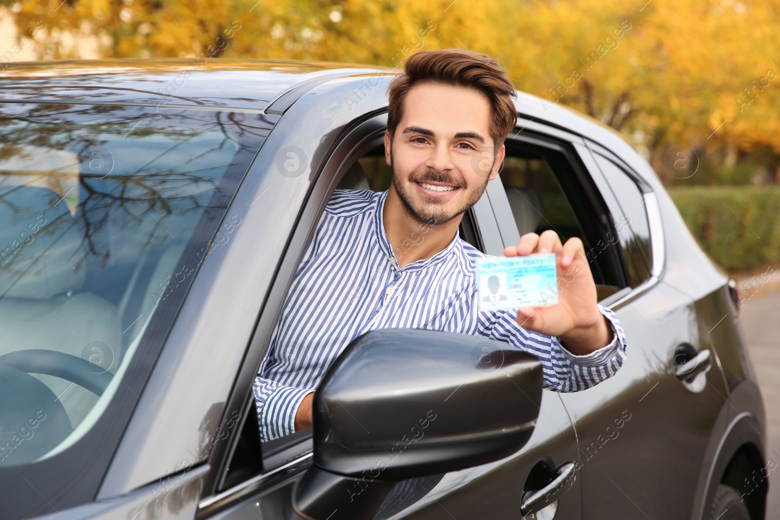 Photo of Young man holding driving license in car