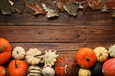 Flat lay composition with ripe pumpkins on wooden table. Space for text