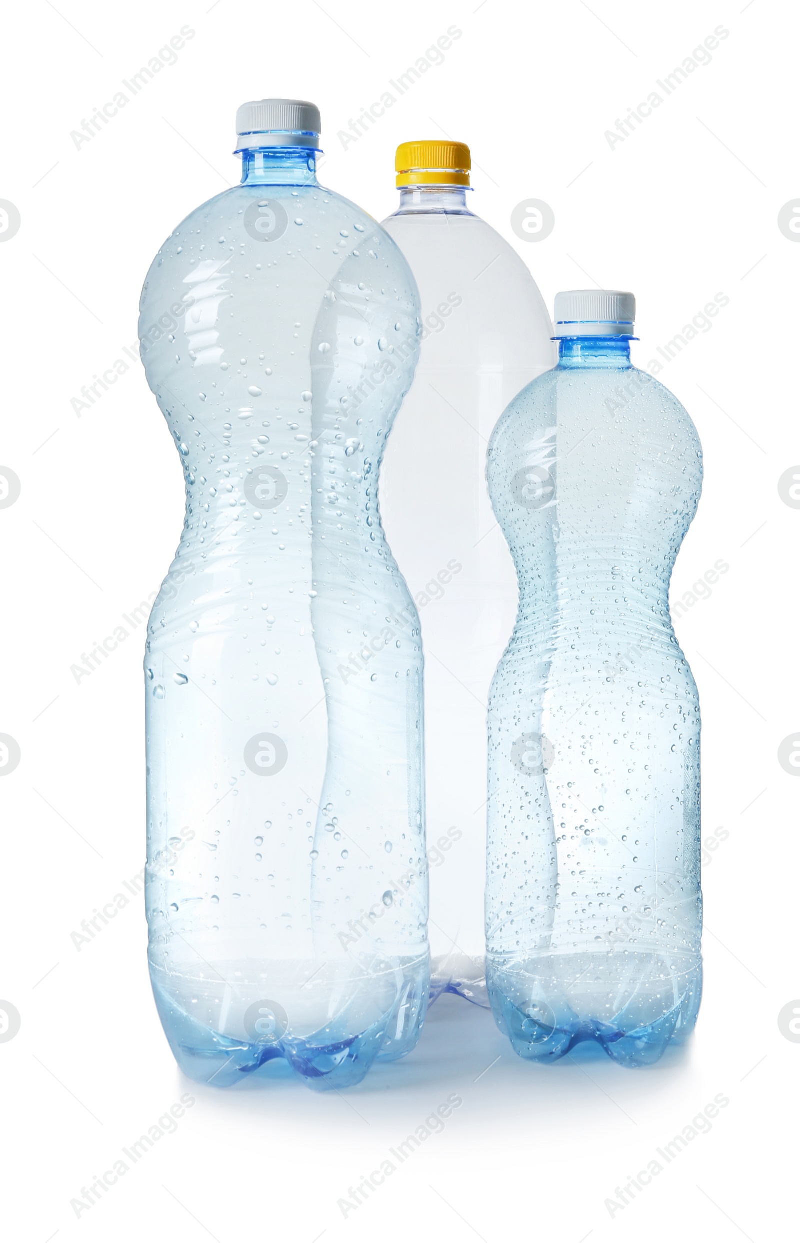 Photo of Three plastic bottles on white background. Recycle concept