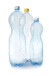 Three plastic bottles on white background. Recycle concept