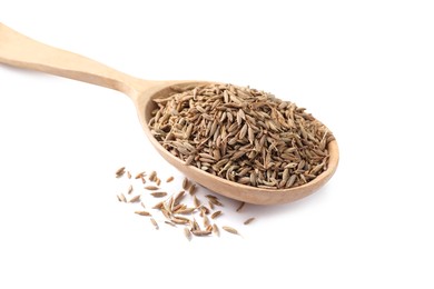 Photo of Spoon of aromatic caraway (Persian cumin) seeds isolated on white