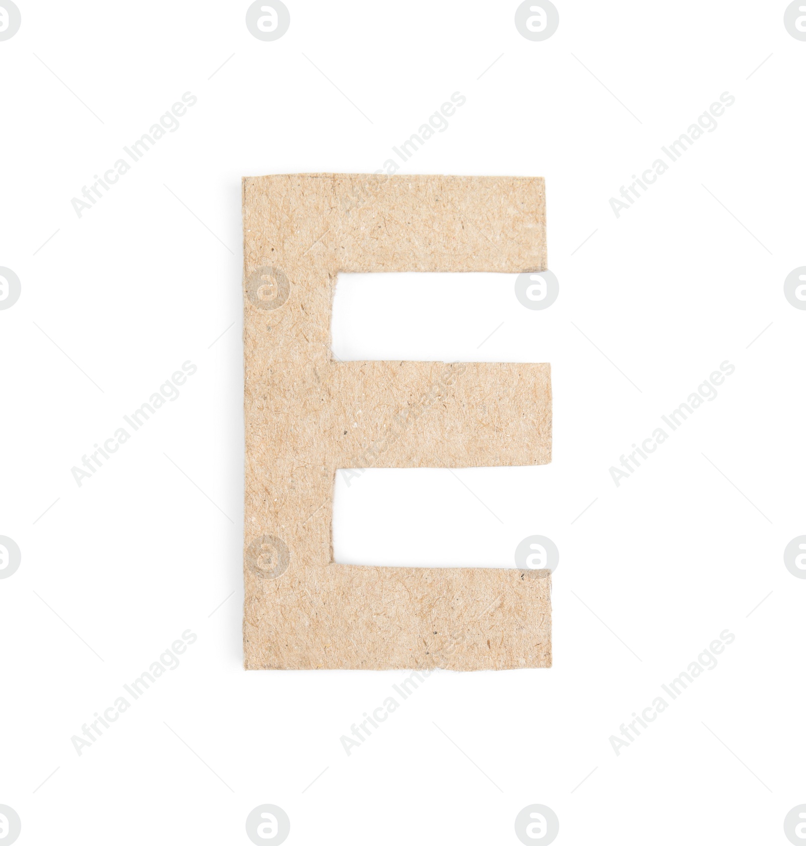Photo of Letter E made of cardboard isolated on white