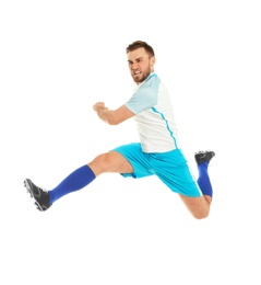 Photo of Young man playing football on white background