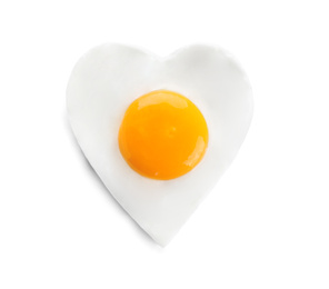 Heart shaped fried egg isolated on white, top view