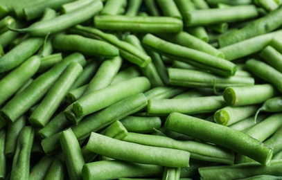 Photo of Delicious fresh green beans as background, closeup