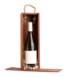 Photo of Wooden gift box with wine isolated on white