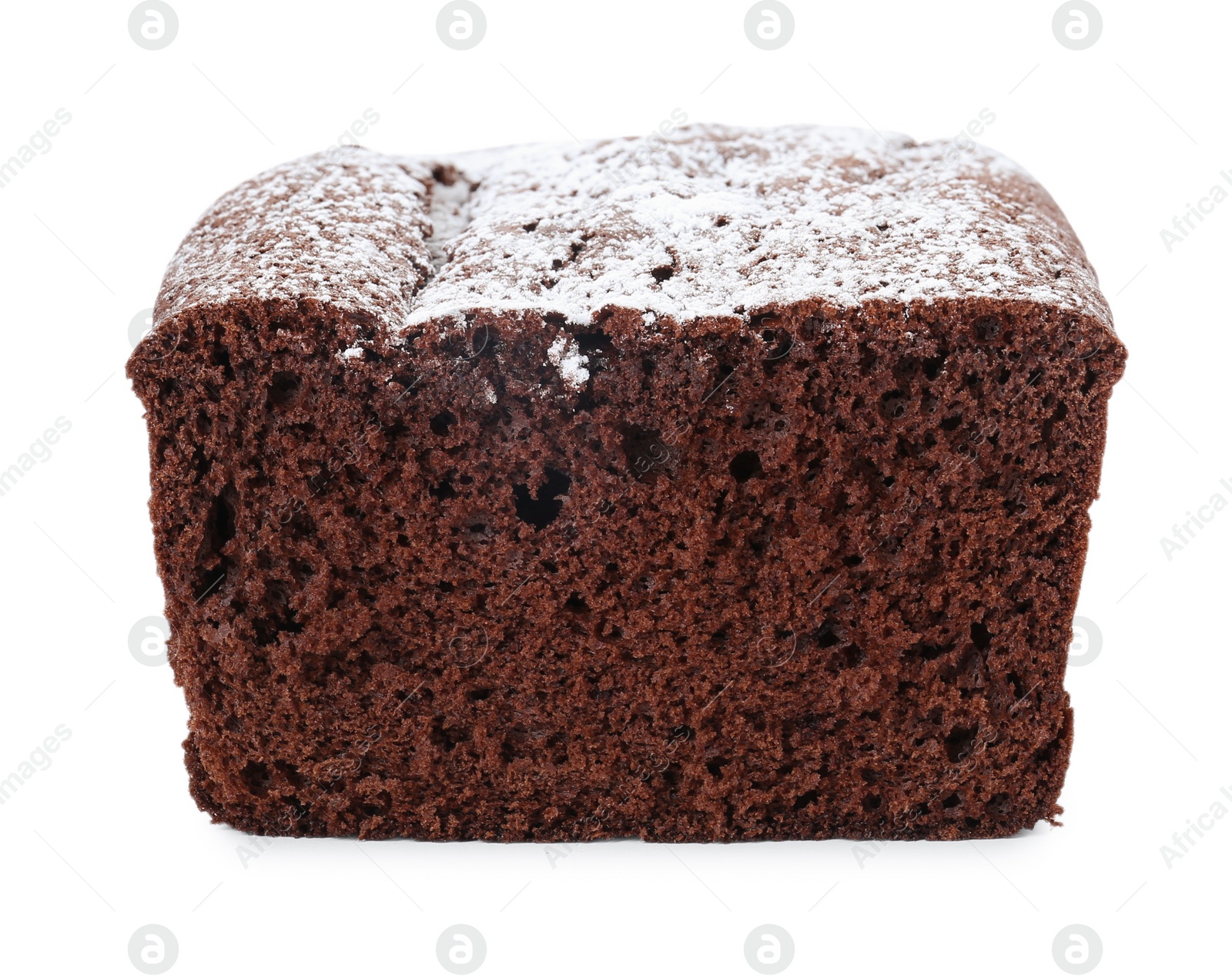 Photo of Tasty chocolate sponge cake with powdered sugar isolated on white