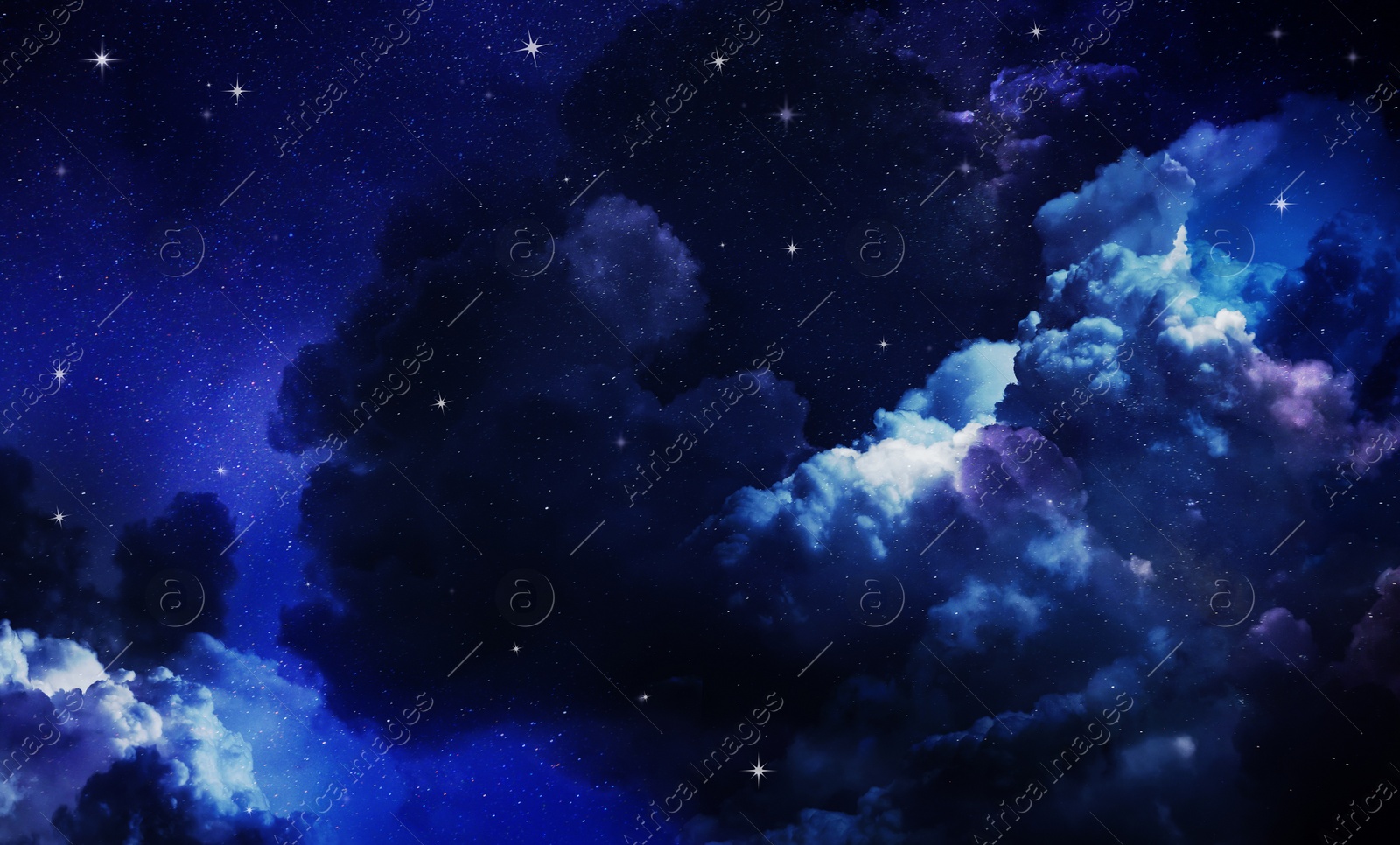 Image of Beautiful view of night sky with clouds and stars