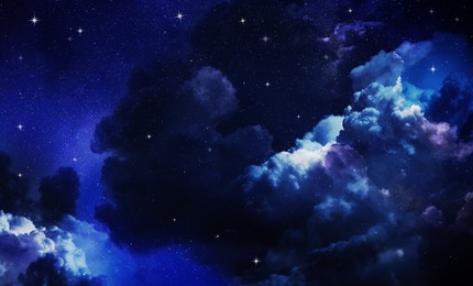 Image of Beautiful view of night sky with clouds and stars
