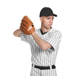 Baseball player with glove on white background