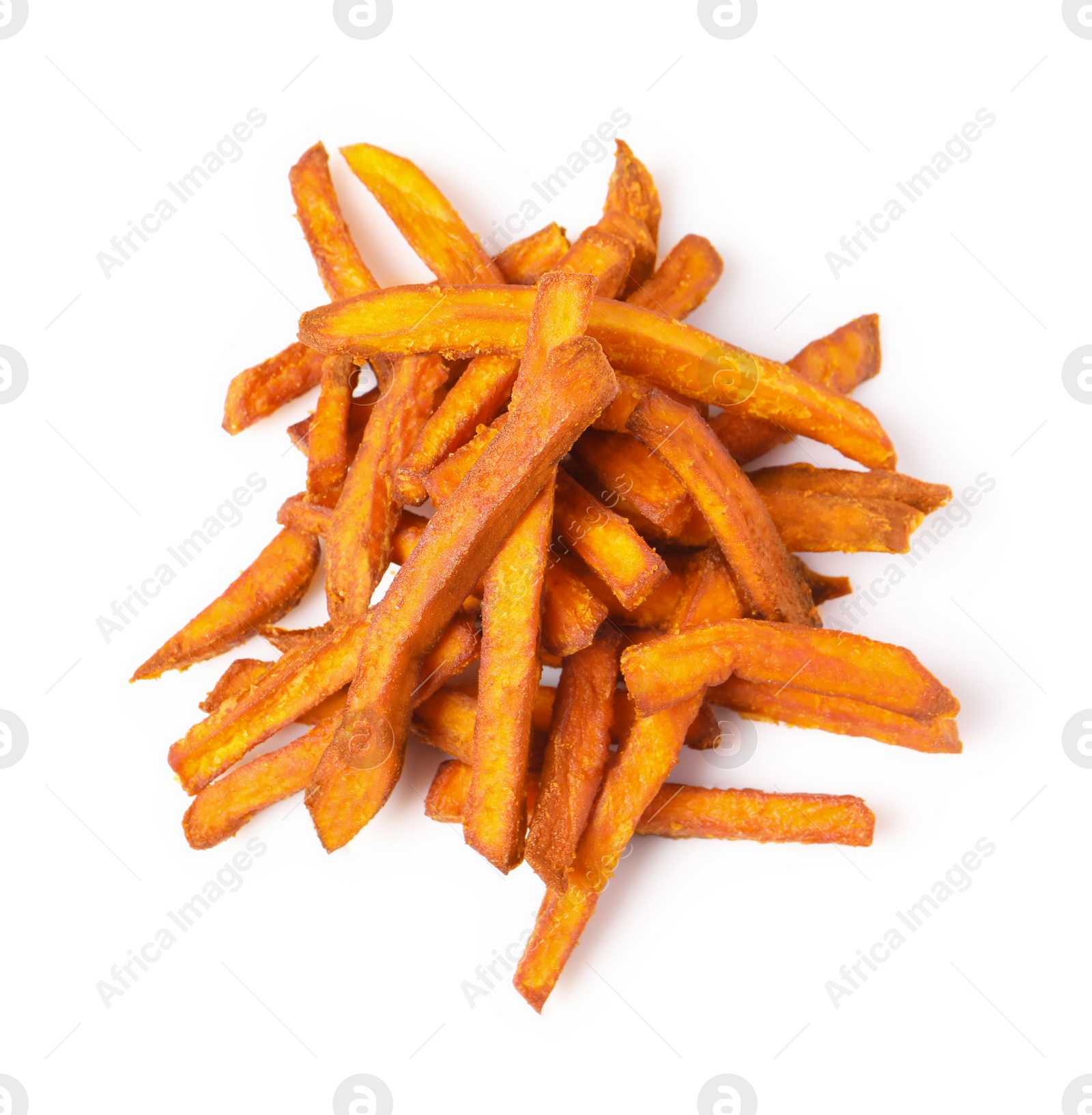 Photo of Delicious sweet potato fries on white background, top view