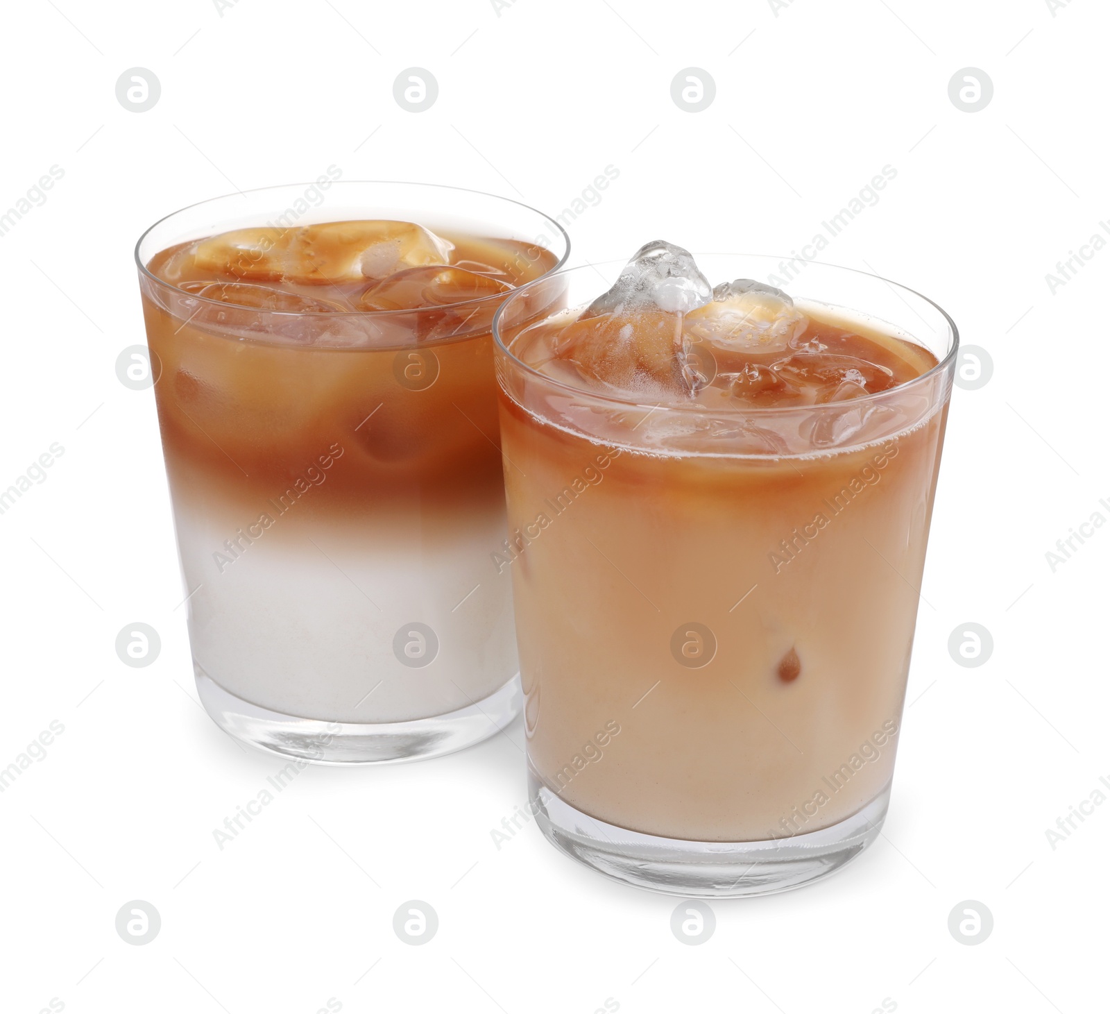 Photo of Glasses of fresh iced coffee isolated on white