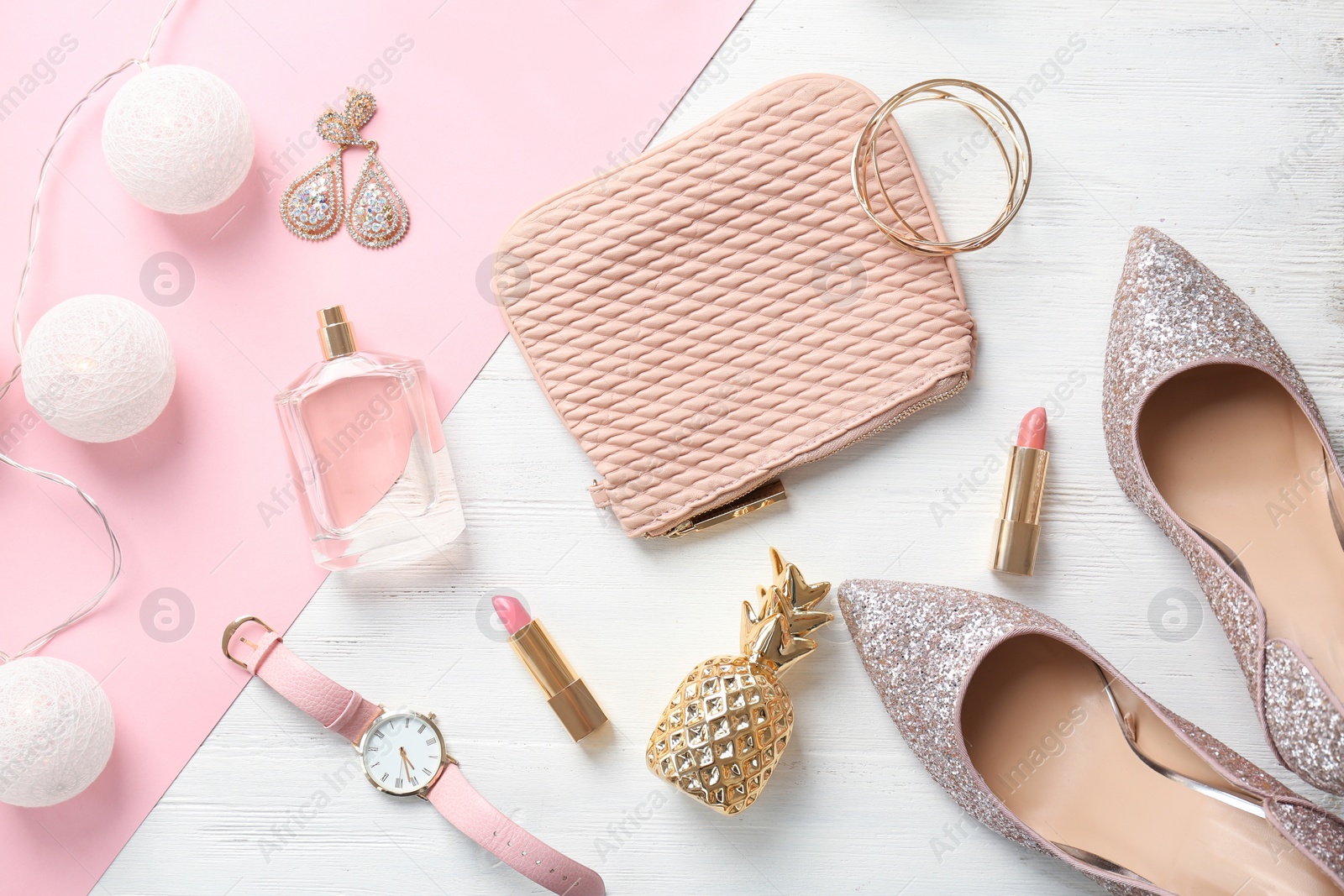 Photo of Flat lay composition with cosmetics and stylish accessories on light background